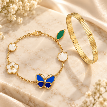 [Noble Aura jewelry] Lucky Spring Butterfly 5-Motif & LOVE Unlimited Bracelet Stack Set