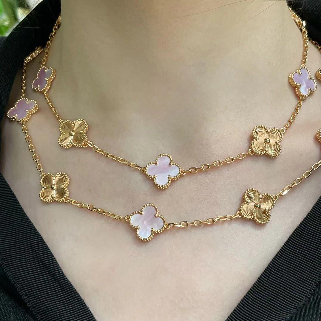 [Noble Aura jewelry]CLOVER 20 MOTIFS LASER PINK MOP NECKLACE