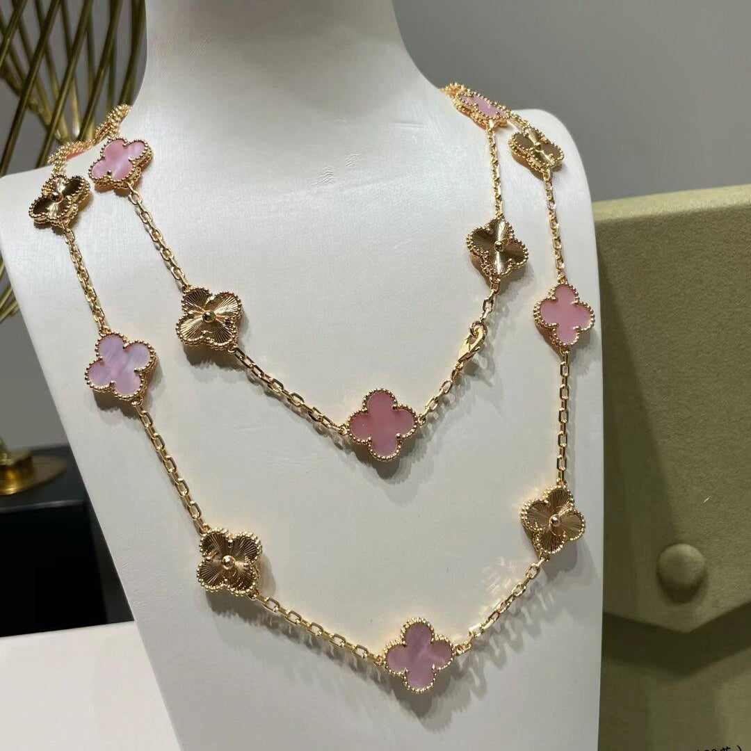 [Noble Aura jewelry]CLOVER 20 MOTIFS LASER PINK MOP NECKLACE