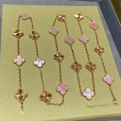 [Noble Aura jewelry]CLOVER 20 MOTIFS LASER PINK MOP NECKLACE