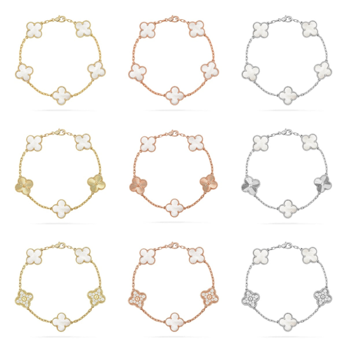 [Noble Aura jewelry]CLOVER WHITE PEARL MOP 5 MOTIF BRACELET COLLECTION