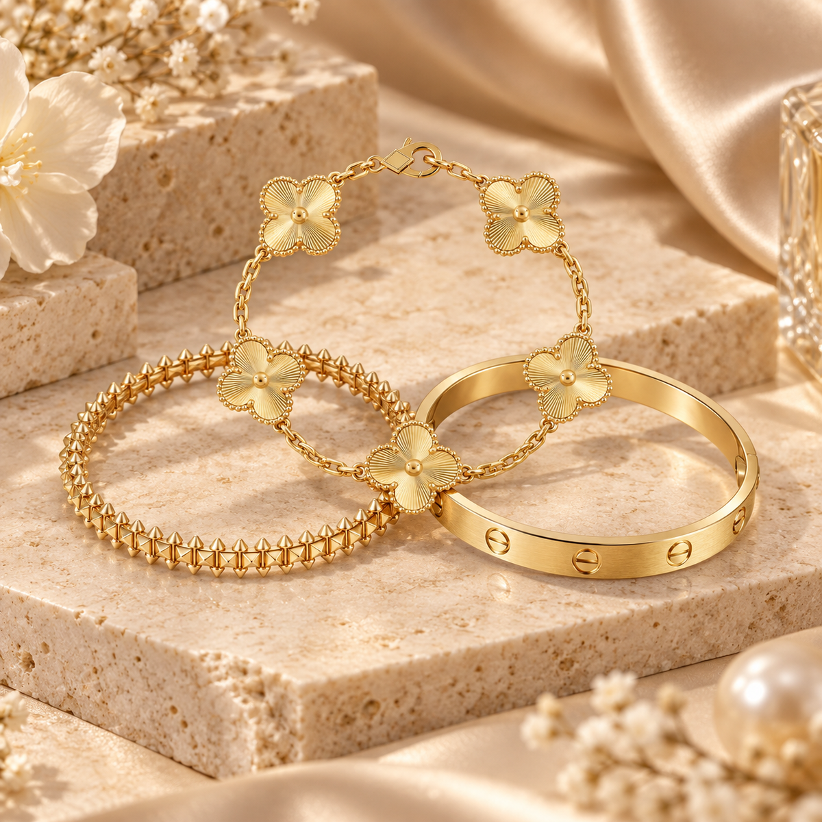 [Noble Aura jewelry] CLASH & Clover Laser 5-Motif & LOVE Brushed Bracelet Stack Set