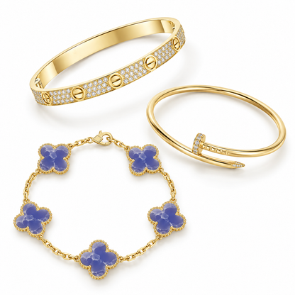 [Noble Aura jewelry] LOVE & JUSTE & Blue Veins Clover 5-Motif Diamond Bracelet Stack Set