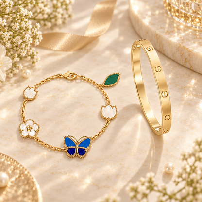 [Noble Aura jewelry] LOVE Brushed & Lucky Spring Butterfly 5-Motif Bracelet Stack Set