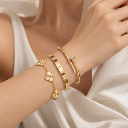 [Noble Aura jewelry] CLASH & Clover Laser 5-Motif & LOVE Brushed Bracelet Stack Set