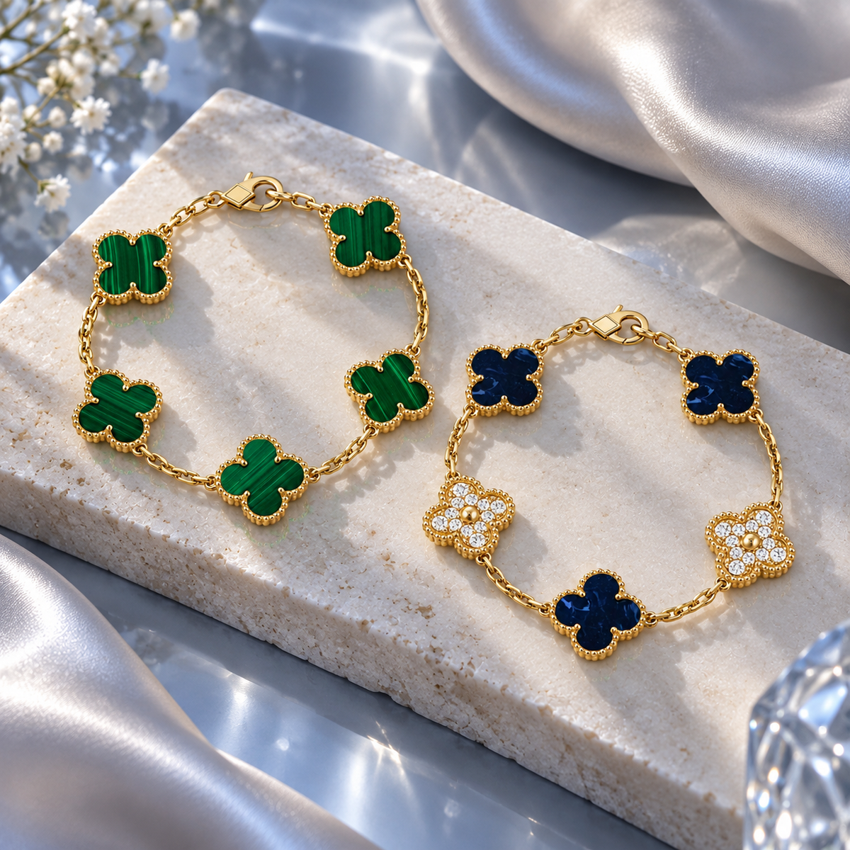 [Noble Aura jewelry]Clover 5-Motif Malachite & Pietersite Bracelet Stack Set