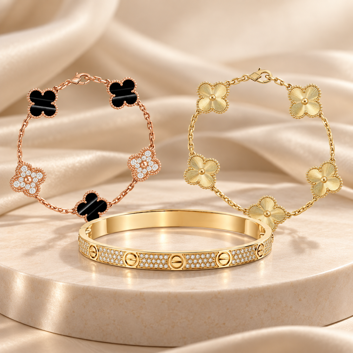 [Noble Aura jewelry]Clover Laser  Pulsar Stone 5-Motif & LOVE Diamond-Paved Bracelet Stack Set