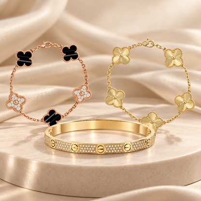 [Noble Aura jewelry]Clover Laser  Pulsar Stone 5-Motif & LOVE Diamond-Paved Bracelet Stack Set