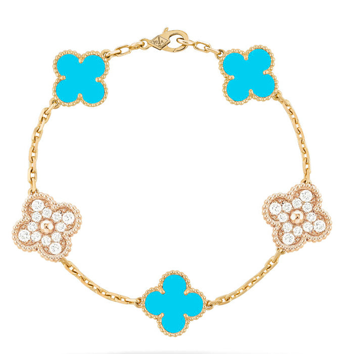 [Noble Aura jewelry]CLOVER 5 MOTIF TURQUOISE DIAMOND GOLD BRACELET