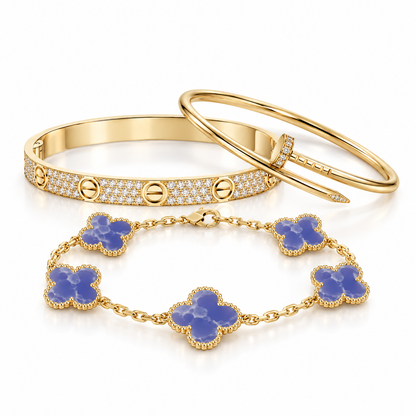 [Noble Aura jewelry] LOVE & JUSTE & Blue Veins Clover 5-Motif Diamond Bracelet Stack Set