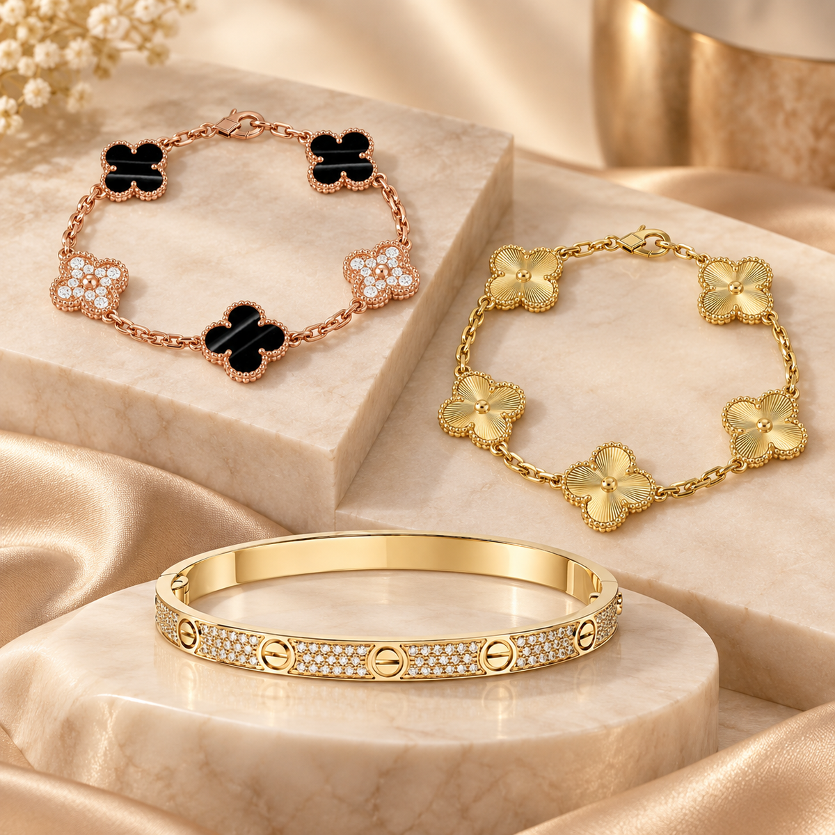 [Noble Aura jewelry]Clover Laser  Pulsar Stone 5-Motif & LOVE Diamond-Paved Bracelet Stack Set