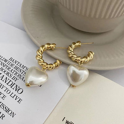 Heart-shaped Pearl Pendant Drop Earrings
