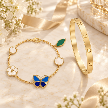 [Noble Aura jewelry] LOVE Brushed & Lucky Spring Butterfly 5-Motif Bracelet Stack Set