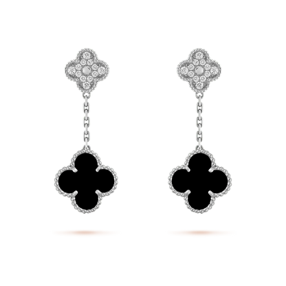 [Noble Aura jewelry]CLOVER 2 MOTIFS  DIAMOND ONYX EARRINGS SILVER
