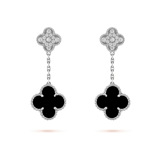 [Noble Aura jewelry]CLOVER 2 MOTIFS  DIAMOND ONYX EARRINGS SILVER