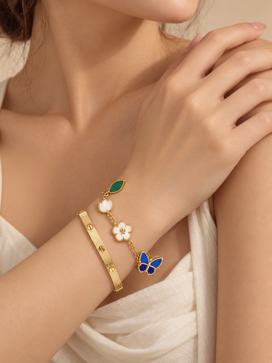 [Noble Aura jewelry] Lucky Spring Butterfly 5-Motif & LOVE Unlimited Bracelet Stack Set