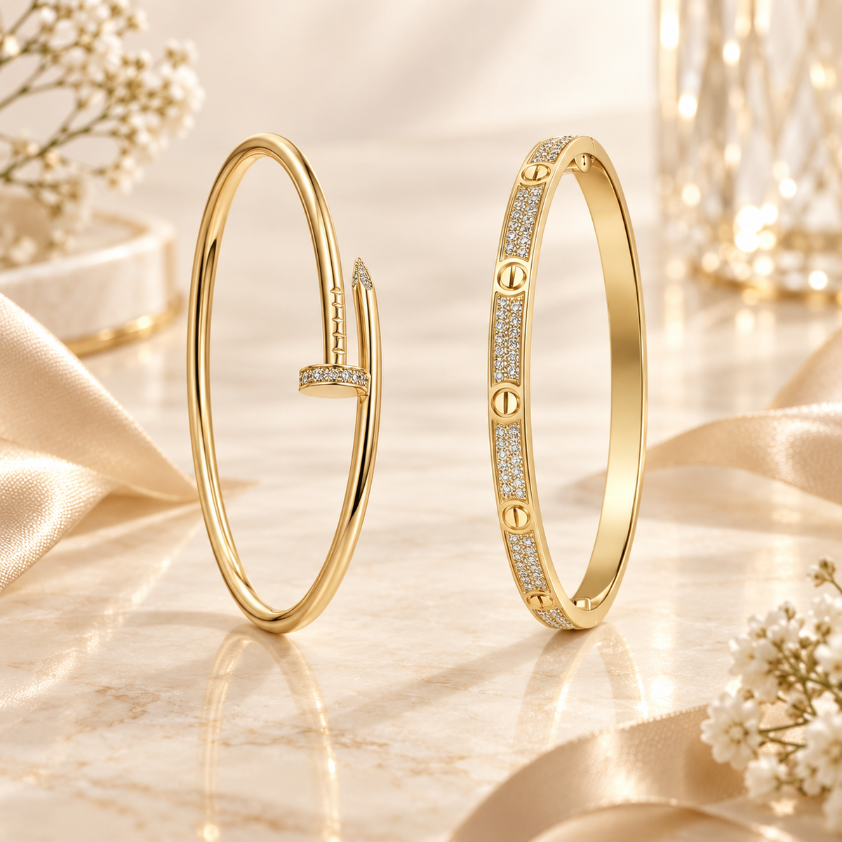 [Noble Aura jewelry] JUSTE Diamond & LOVE Diamond-Paved Bracelet Stack Set