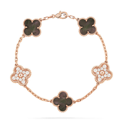 [Noble Aura jewelry]CLOVER 5 MOTIFS DARK MOP AND DIAMONDS PINK GOLD BRACELET