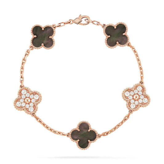 [Noble Aura jewelry]CLOVER 5 MOTIFS DARK MOP AND DIAMONDS PINK GOLD BRACELET