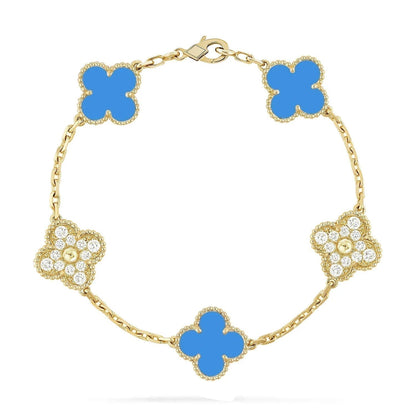 [Noble Aura jewelry]CLOVER 5 MOTIF BLUE CHALCEDONY DIAMOND GOLD BRACELET