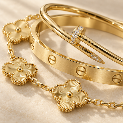 [Noble Aura jewelry] Clover & Love & Juste 3-Piece Gold Bracelet Stack Set