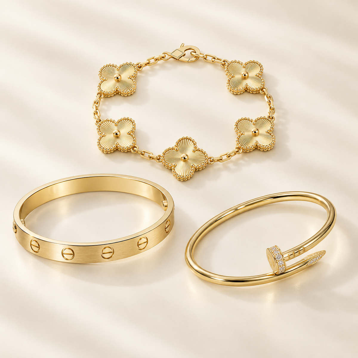 [Noble Aura jewelry] Clover & Love & Juste 3-Piece Gold Bracelet Stack Set