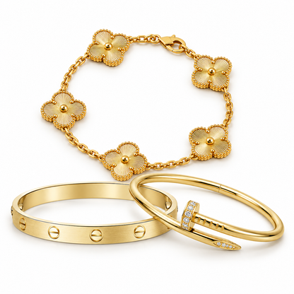 [Noble Aura jewelry] Clover & Love & Juste 3-Piece Gold Bracelet Stack Set