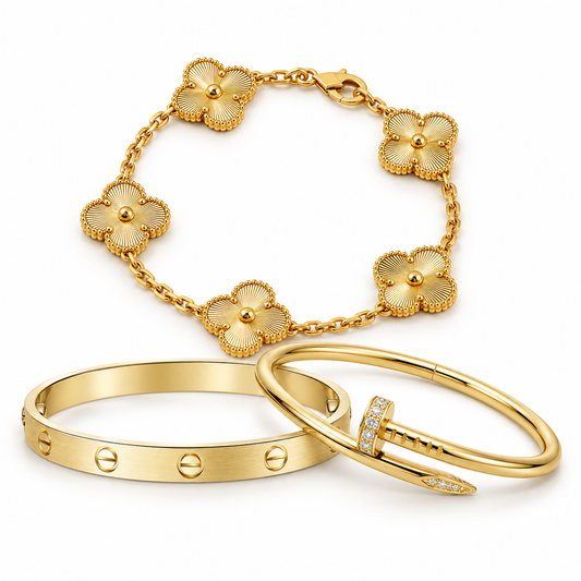 [Noble Aura jewelry] Clover & Love & Juste 3-Piece Gold Bracelet Stack Set
