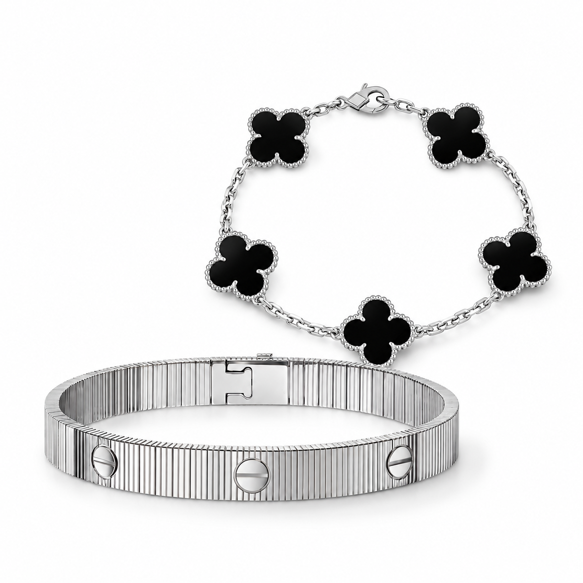 [Noble Aura jewelry]Clover & Love Sliver 2-Piece Bracelet Stack Set