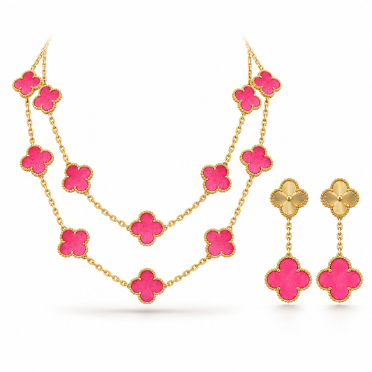 [Noble Aura jewelry]Clover Pink Enamel Necklace & Earring Jewelry Set