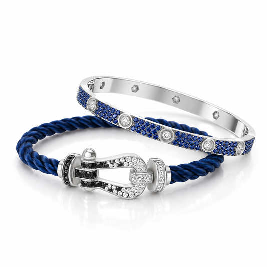 [Noble Aura jewelry]Pave Gemstone Love &Force Large Horseshoe Diamond Duo Bracelet Stack Set