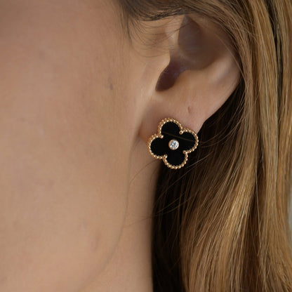 [Noble Aura jewelry]CLOVER MEDIUM 1 MOTIFS ONYX DIAMOND EARRINGS