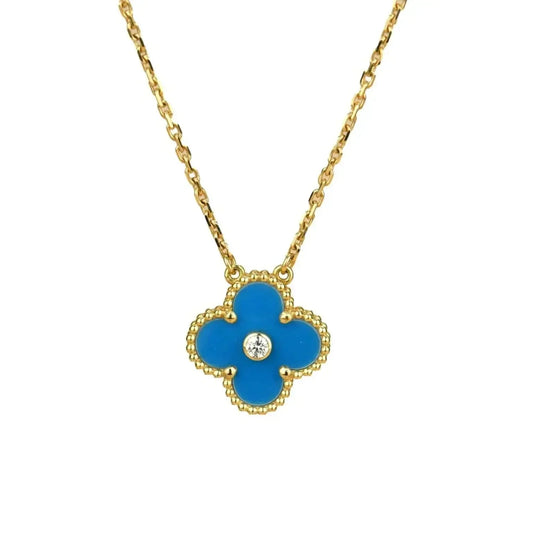 [Noble Aura jewelry]CLOVER 15MM DIAMOND AND BLUE AGATE NECKLACE