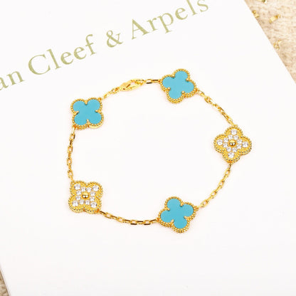 [Noble Aura jewelry]CLOVER 5 MOTIF TURQUOISE DIAMOND GOLD BRACELET