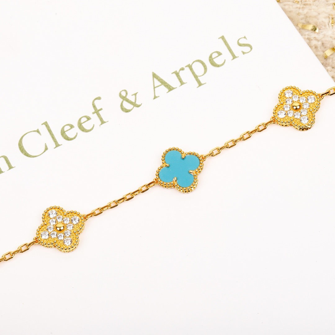 [Noble Aura jewelry]CLOVER 5 MOTIF TURQUOISE DIAMOND GOLD BRACELET