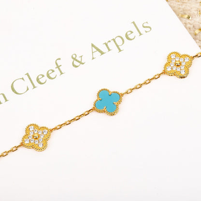 [Noble Aura jewelry]CLOVER 5 MOTIF TURQUOISE DIAMOND GOLD BRACELET
