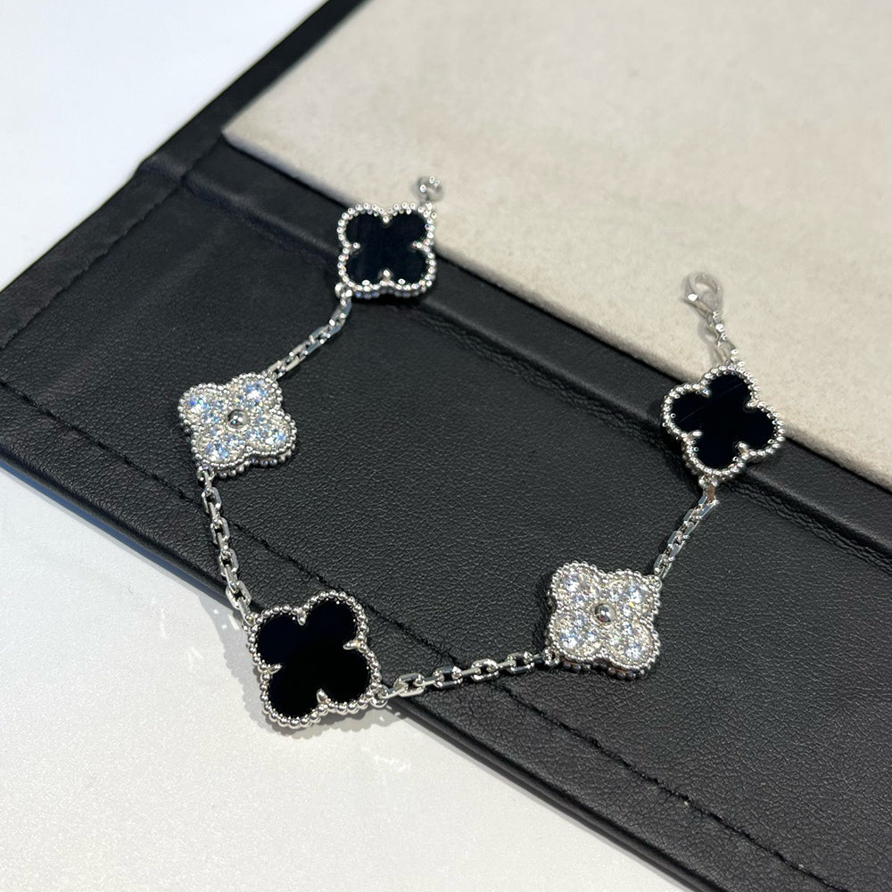[Noble Aura jewelry]CLOVER 5 MOTIF ONYXS DIAMOND BRACELET SILVER