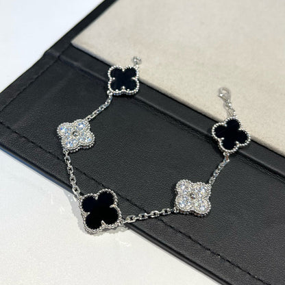 [Noble Aura jewelry]CLOVER 5 MOTIF ONYXS DIAMOND BRACELET SILVER