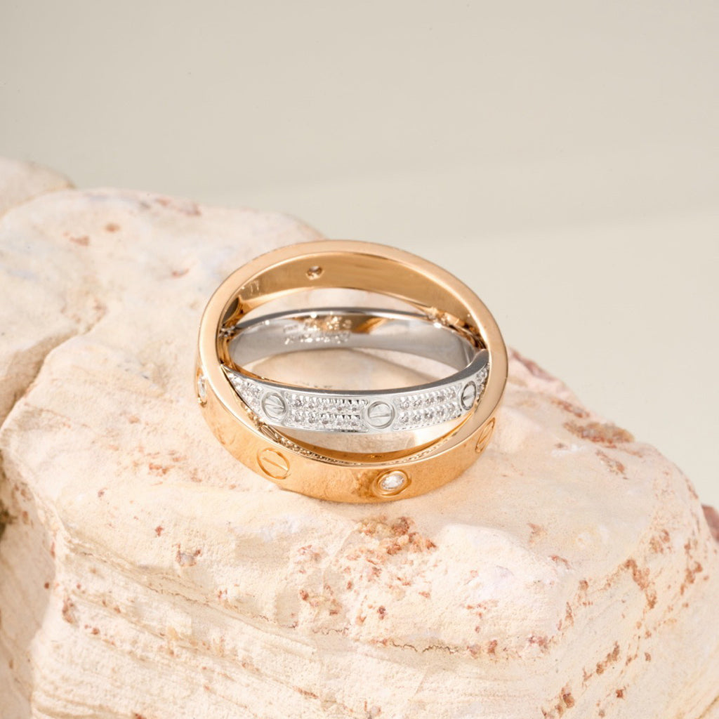 [Noble Aura jewelry]LOVE PINK GOLD SILVER DIAMOND DOUBLE RING