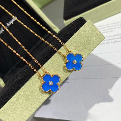 [Noble Aura jewelry]CLOVER 15MM DIAMOND AND BLUE AGATE NECKLACE