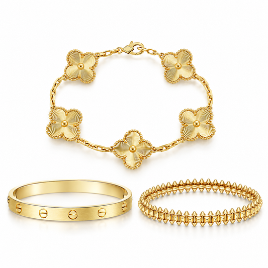 [Noble Aura jewelry] CLASH & Clover Laser 5-Motif & LOVE Brushed Bracelet Stack Set