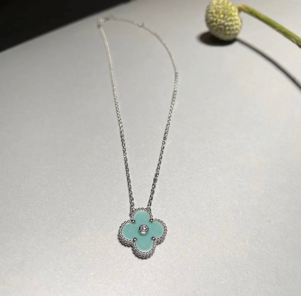 [Noble Aura jewelry]CLOVER 1 DIAMOND LIGHT BLUE SILVER NECKLACE