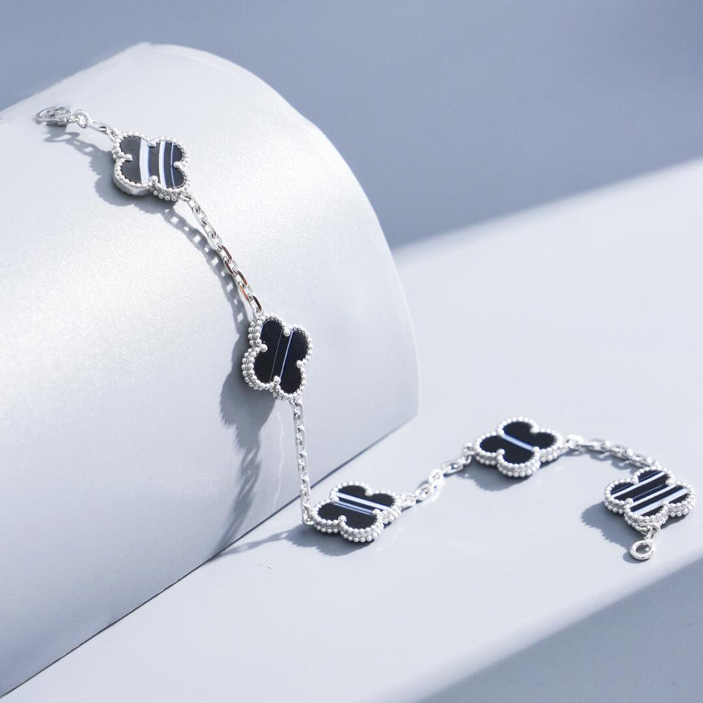 [Noble Aura jewelry]CLOVER 5 MOTIF VEINED ONYX BRACELET SILVER