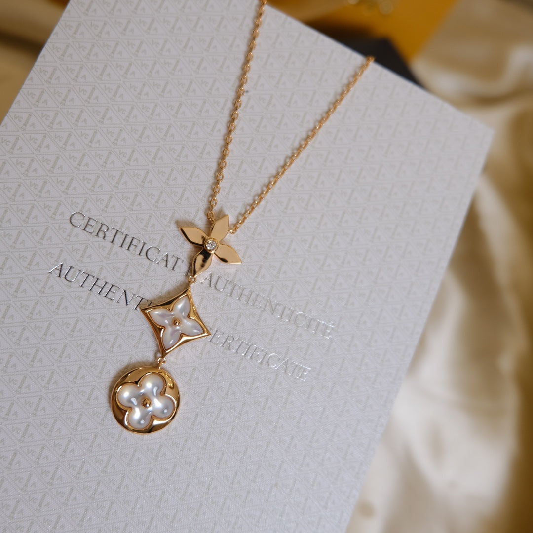 [Noble Aura jewelry]COLOR BLOSSOM LARIAT NECKLACE PINK GOLD WHITE MOTHER PEARL AND DIAMOND