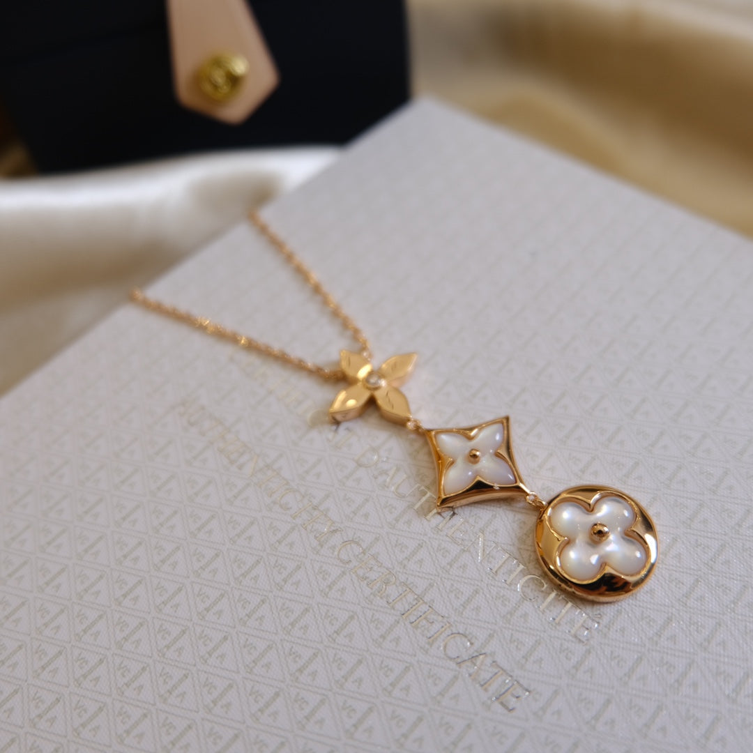 [Noble Aura jewelry]COLOR BLOSSOM LARIAT NECKLACE PINK GOLD WHITE MOTHER PEARL AND DIAMOND