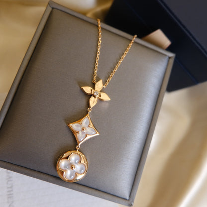 [Noble Aura jewelry]COLOR BLOSSOM LARIAT NECKLACE PINK GOLD WHITE MOTHER PEARL AND DIAMOND