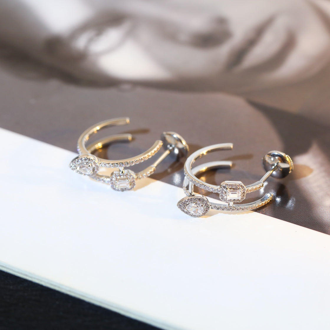 [Noble Aura jewelry]CREOLES MY TWIN 2 RANGS SILVER DIAMOND EARRINGS