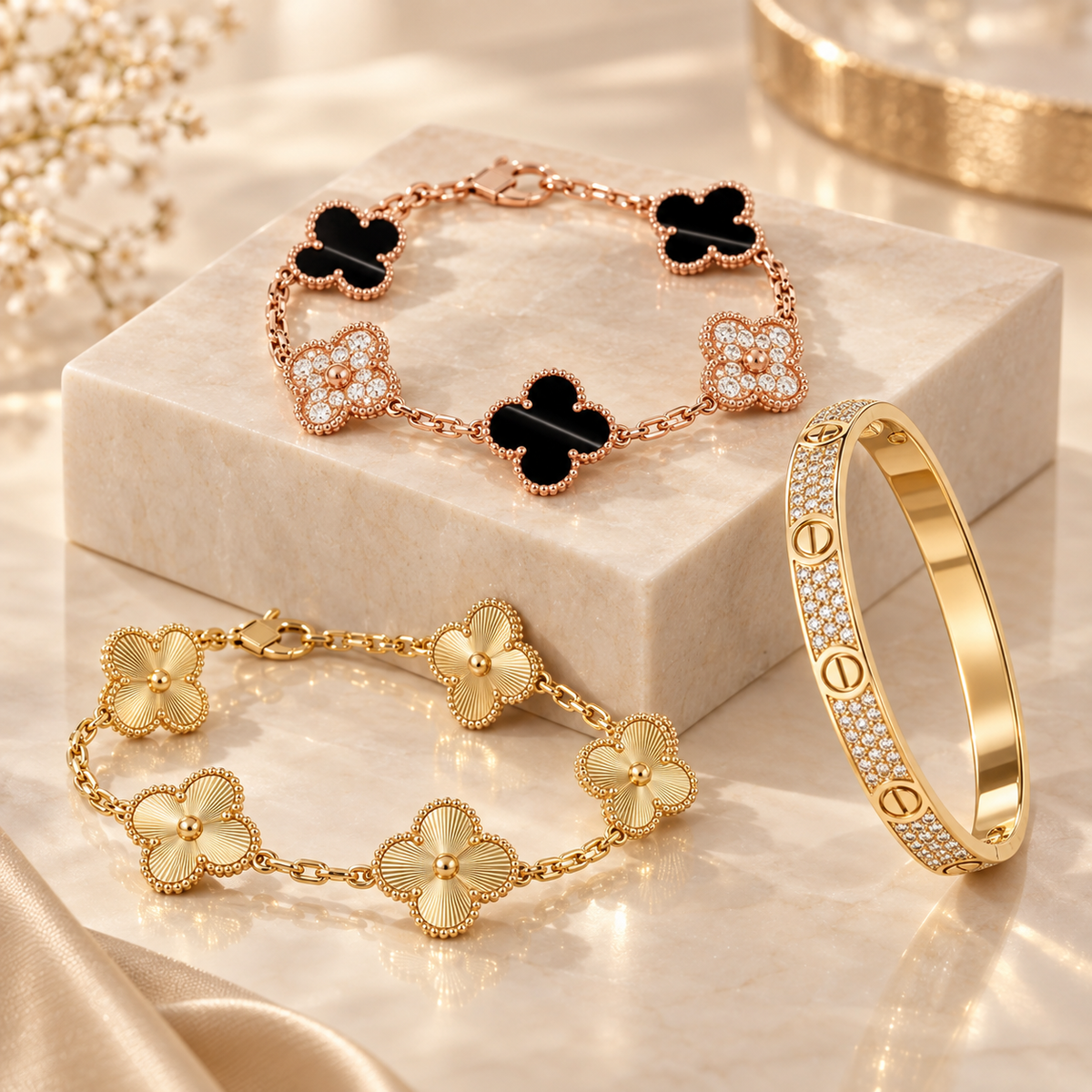 [Noble Aura jewelry]Clover Laser  Pulsar Stone 5-Motif & LOVE Diamond-Paved Bracelet Stack Set