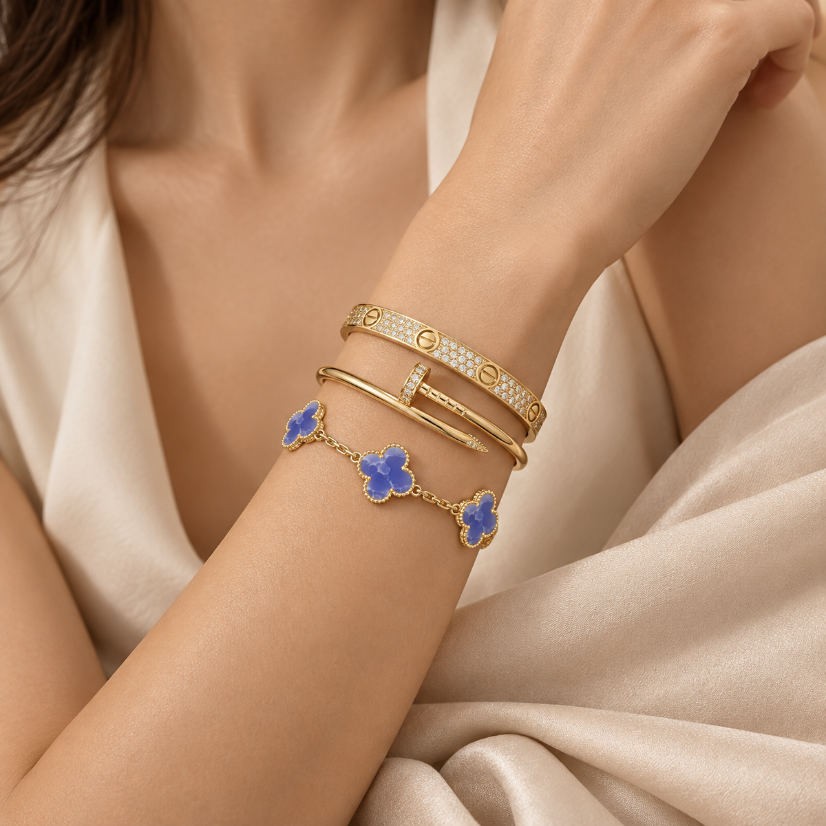 [Noble Aura jewelry] LOVE & JUSTE & Blue Veins Clover 5-Motif Diamond Bracelet Stack Set