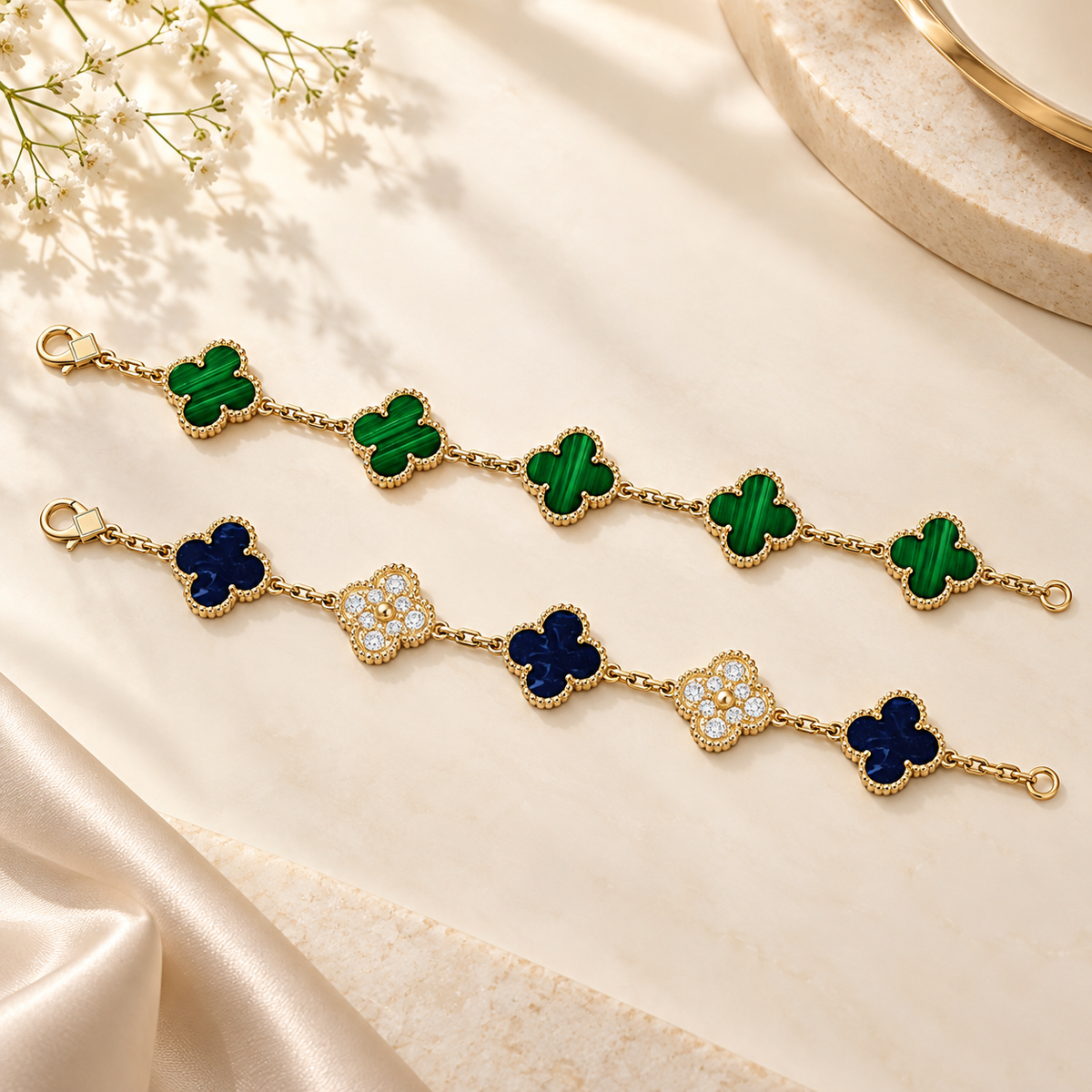 [Noble Aura jewelry]Clover 5-Motif Malachite & Pietersite Bracelet Stack Set